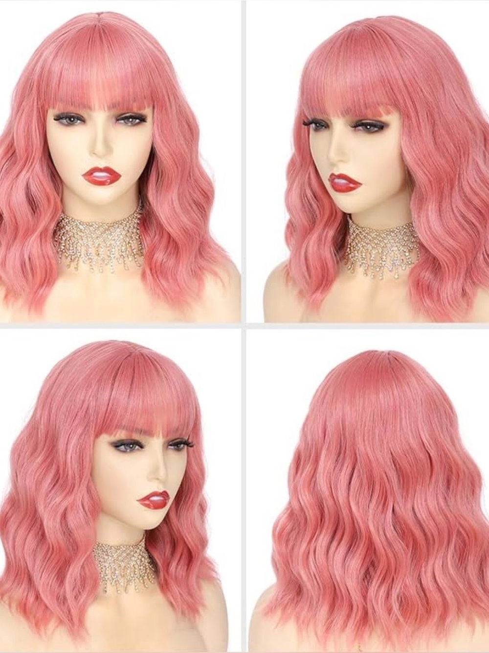 Pink 14 inch Synthetic Wavy Bob with Bangs Wig